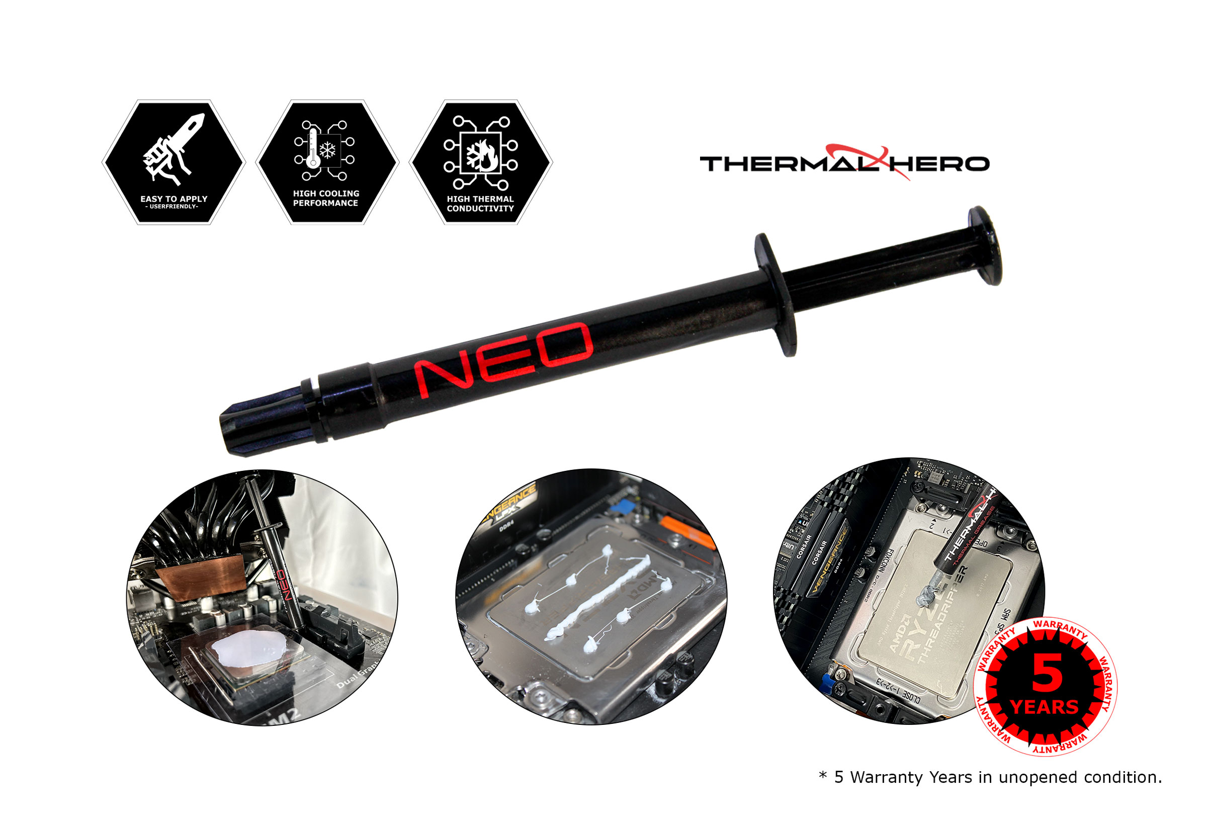 Le Thermal Hero NEO est une pâte thermique à base de silicone qui offre de  nombreuses possibilités d'utilisation grâce à ses excellentes propriétés  thermiques. La pâte thermique a un très bon comportement